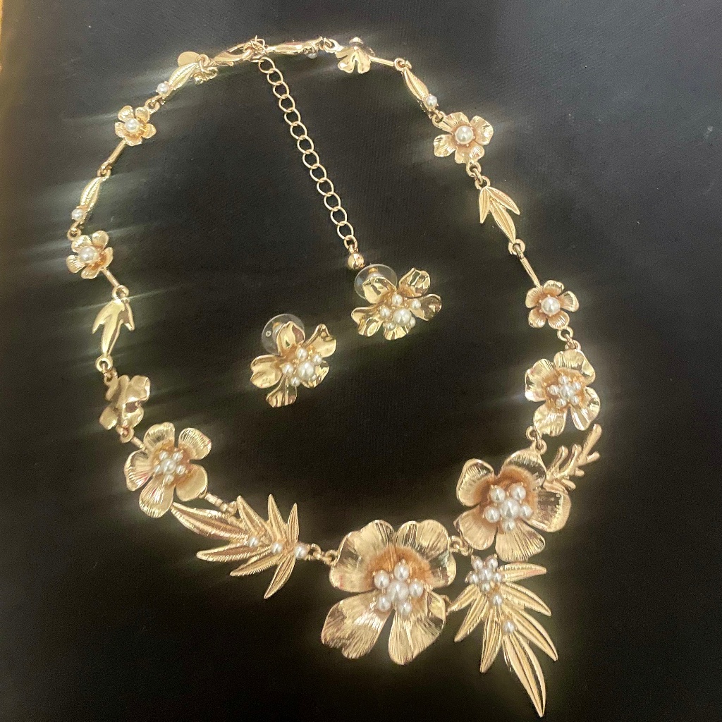 Faux Pearl And Gold Adjustable Express Necklace With Earrings Set 40$